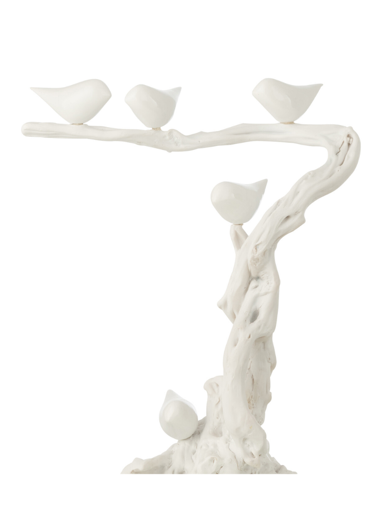 Bird On Branch Polyresin White Small