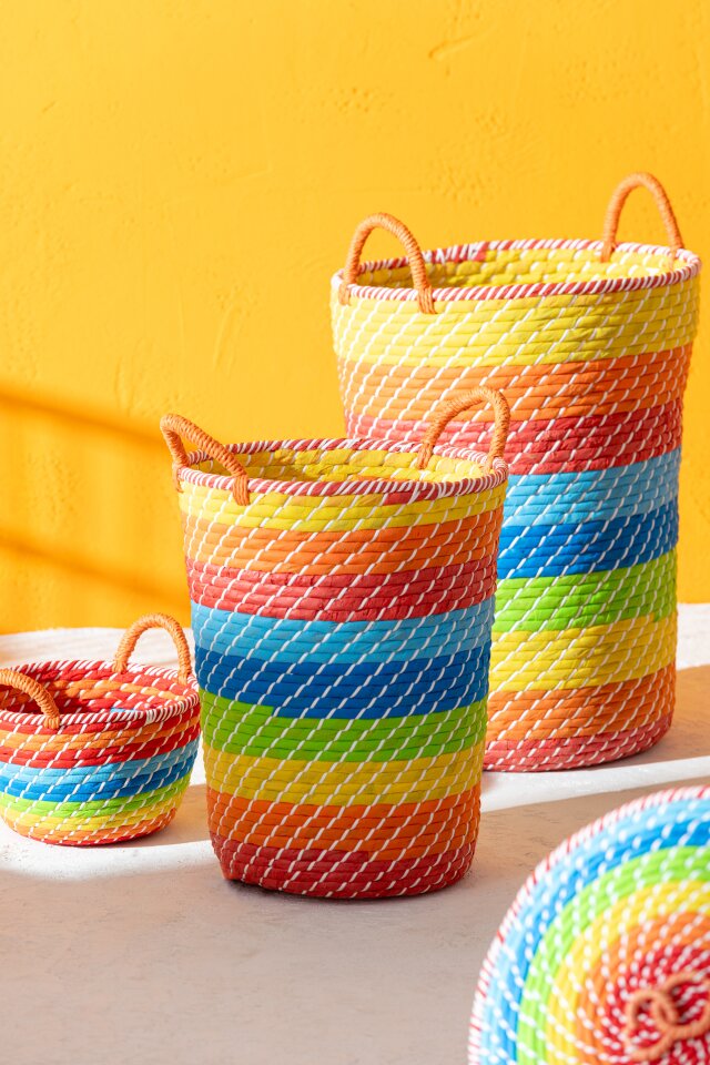 Set Of 3 Basket Rainbow Stripes+Handles Seagrass Mix