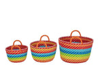 Set Of 3 Basket Rainbow Stripes+Handles Seagrass Mix