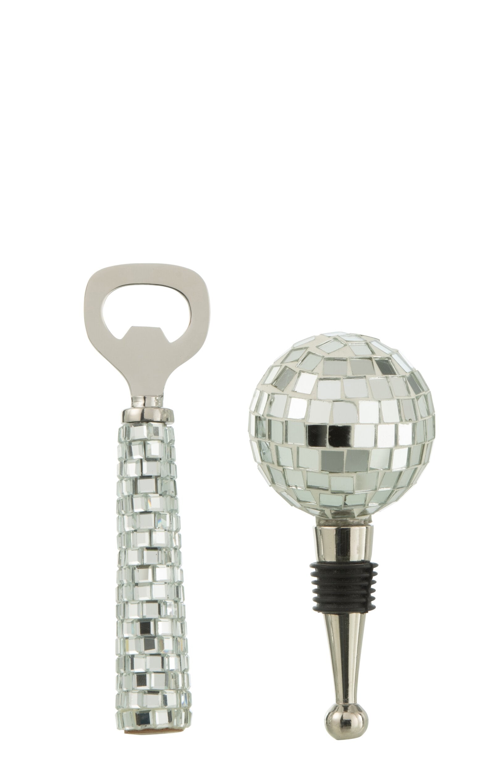 Bottle Opener + Bottle Stopper Mosaic Glass Silver Colored